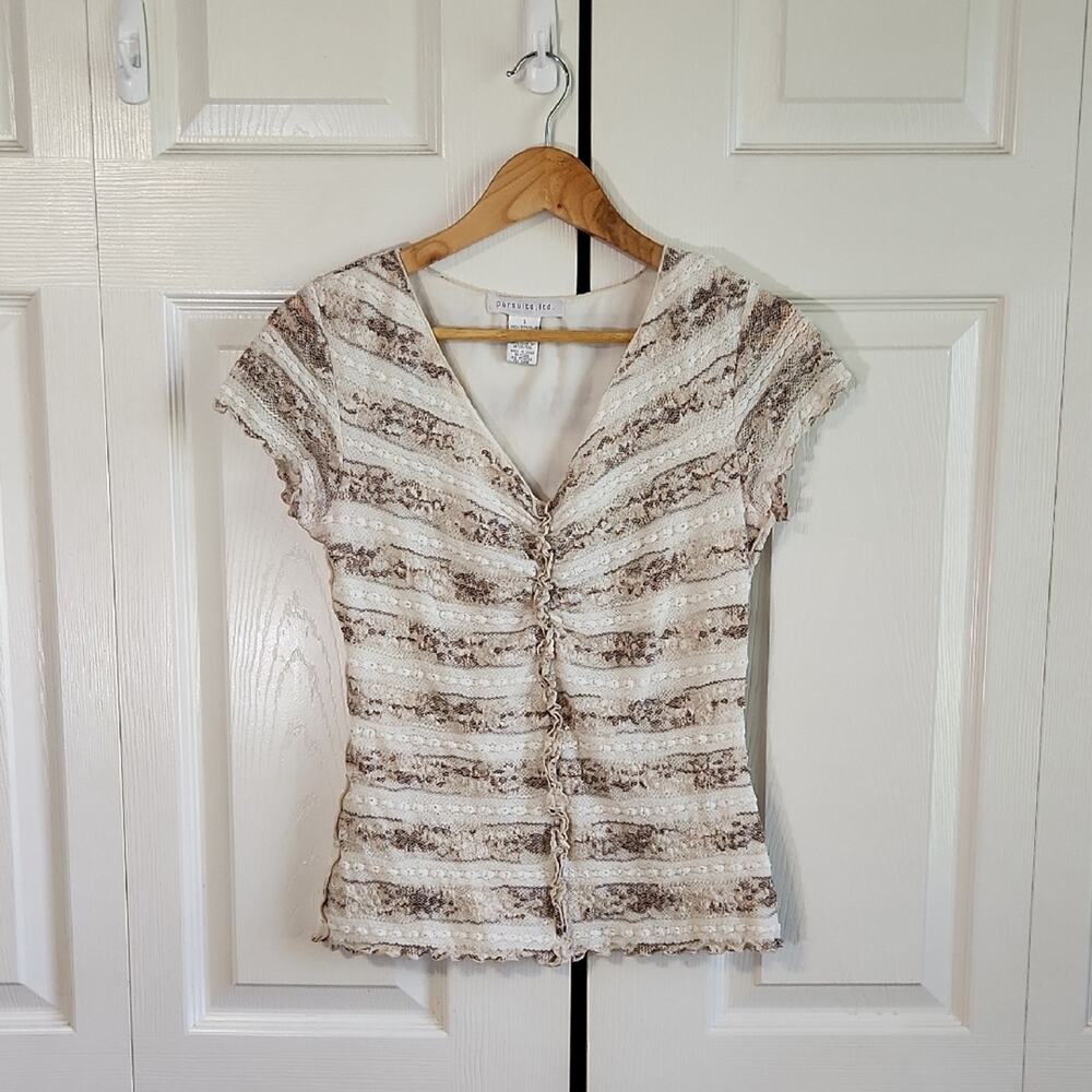 Pursuits Ltd Womens‎ Lace Overlay Top Size SM Y2K Cottage Fairy Neutral V-Neck